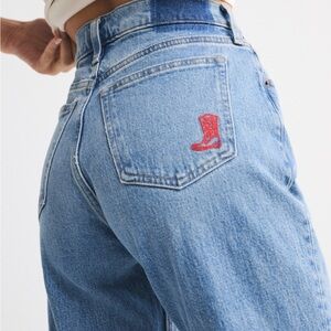 Abercrombie & Fitch Light Blue Boot Cut Jeans with Red Boot Embroidery Long
